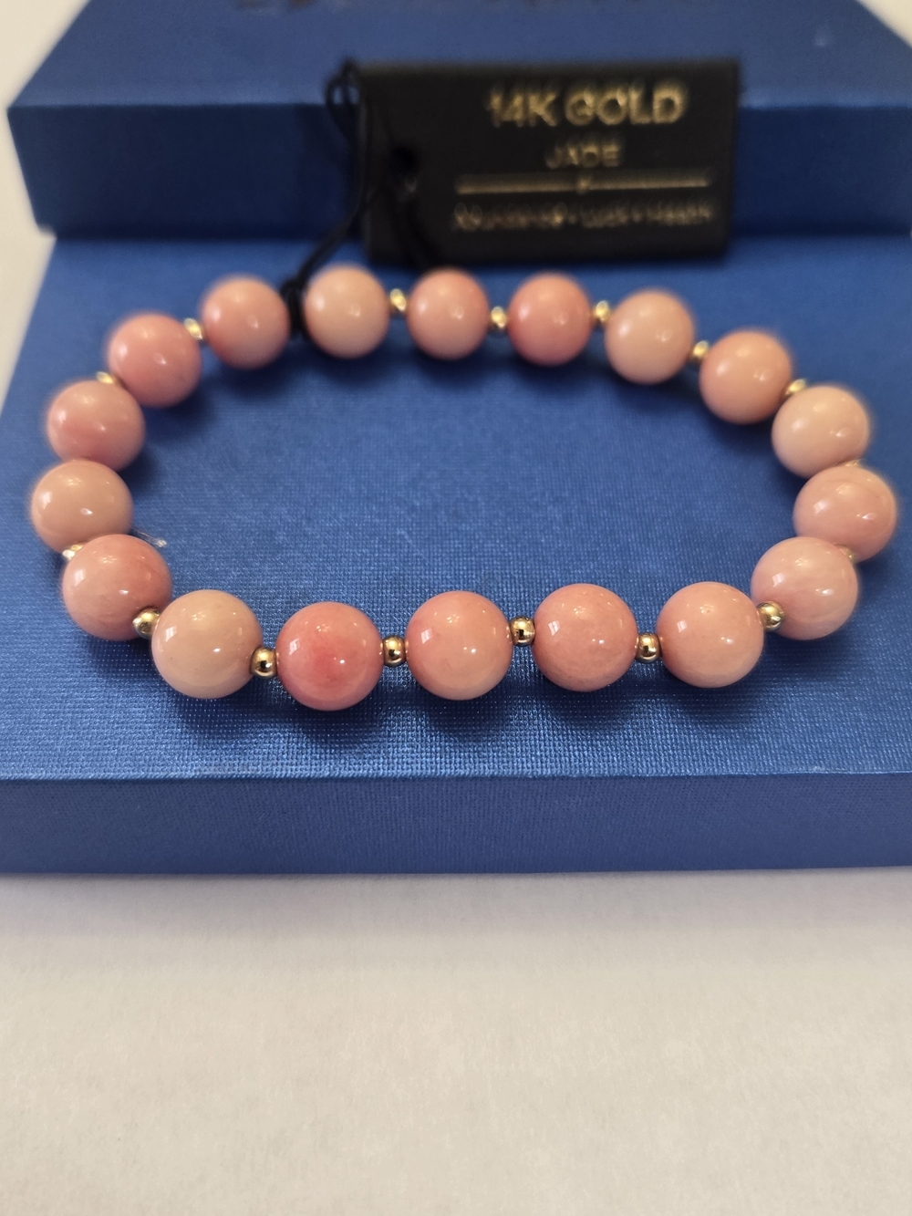 14kt Solid Yellow Gold Genuine Pink Jade Beaded Bracelet